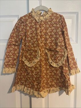 Batsheva Tan Floral Dress with Cream Ruffle Trim